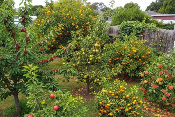 درختان میوه در حیاط باغ – شامل درخت گیلاس، سیب، نارنگی، پرتقال، گلابی و هلو