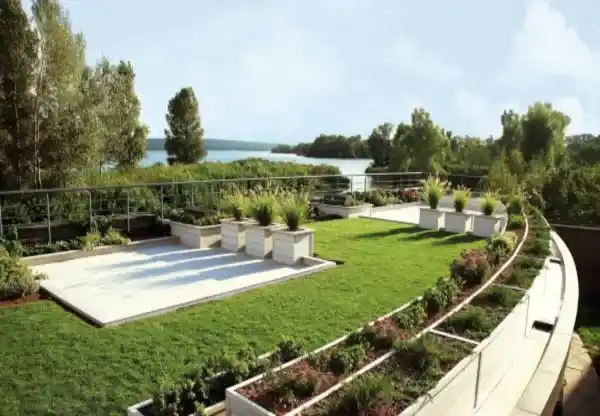 تصویری ازبام سبز متمرکز با فضای سبز متراکم، مسیر پیاده‌روی و گیاهان متنوع بر روی پشت‌بام