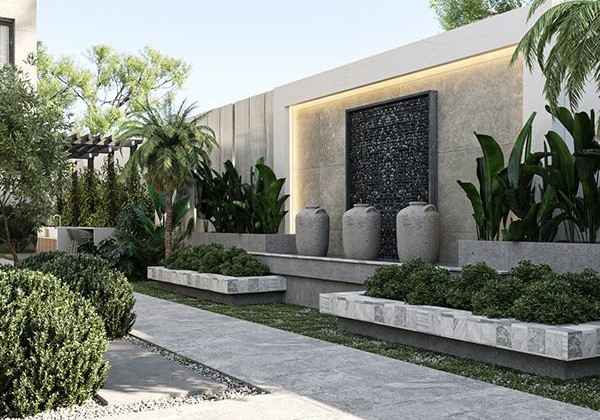 طراحی باغ کلاسیک با مسیرهای سنگفرش و مجسمههای سنگی قرینه