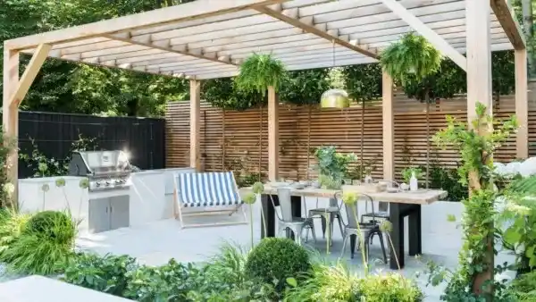 طراحی حیاط به سبک مدیترانهای با درخت زیتون، دیوار سفید و گلهای معطر