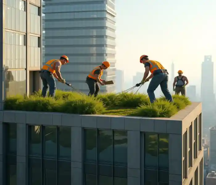 بام سبز مدرن با طراحی حرفهای و پوشش گیاهی متنوع روی پشتبام ساختمان شهری